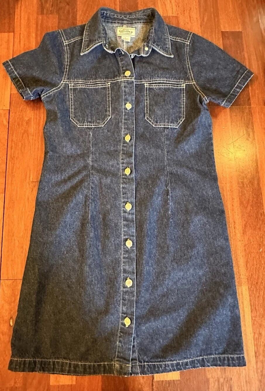 Y2K Sonoma Jean Dress Blue Denim Western Work School Sz. Small Button Down Retro